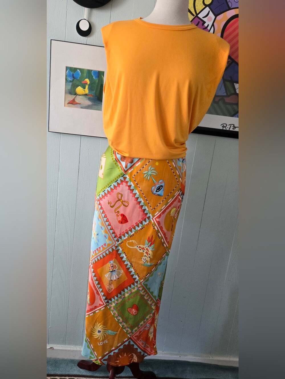 Never Fully Dressed Colorblock Diamond-Print Maxi Skirt And Yellow Top Size S